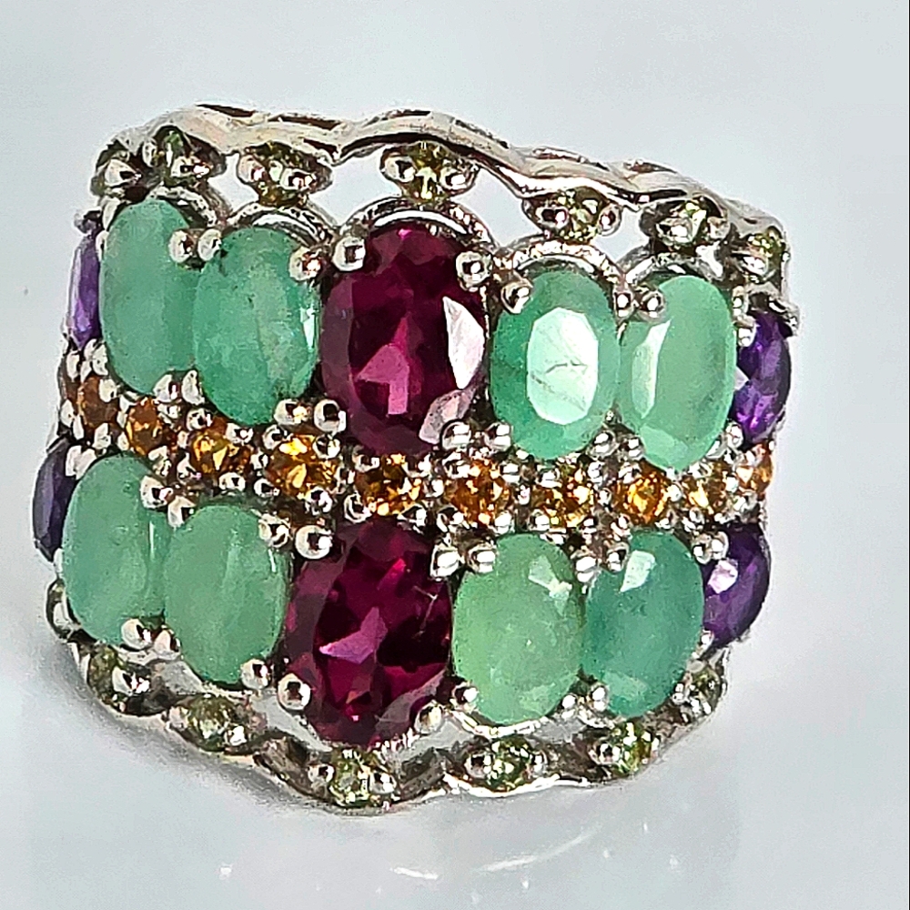 Natural Rhodolite 7x5mm,‎ Amethyst, Emerald 925 Sterling Silver Ring  Sz 8.5 - Picture 8 of 8